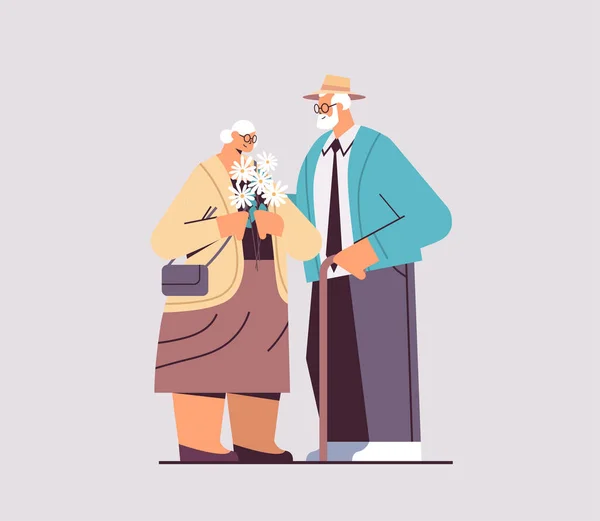 Pareja de ancianos de pie juntos abuelos pasar tiempo juntos horizontal de longitud completa — Vector de stock