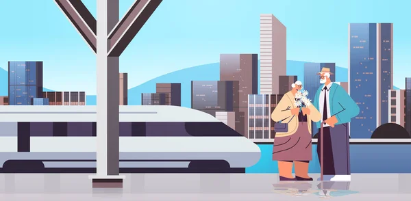 Pareja de ancianos de pie juntos en la estación de metro plataforma abuelos pasar tiempo juntos — Archivo Imágenes Vectoriales
