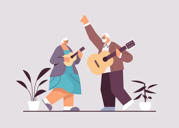 Senior par spelar gitarr morföräldrar har roligt aktiv ålderdom koncept — Stock vektor