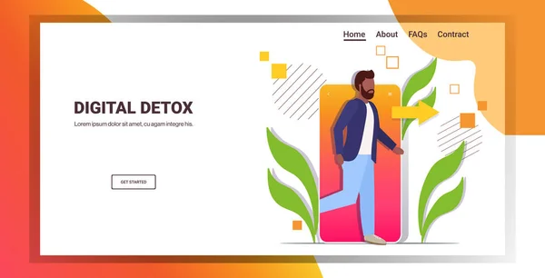 Mann kommt aus digitaler Handy-Detox-Konzept Kerl auf der Flucht vor digitaler Sucht — Stockvektor