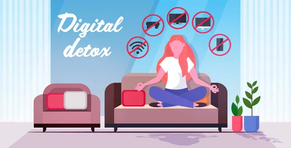Mulher sentado lótus posar gadgets em sinais de proibição vermelho digital desintoxicação resto de dispositivos conceito — Vetor de Stock