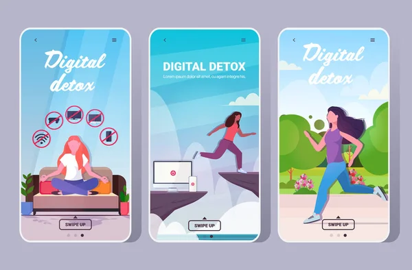 Set people spending time without devices digital detox concept women abandoning gadgets — Stockvektor