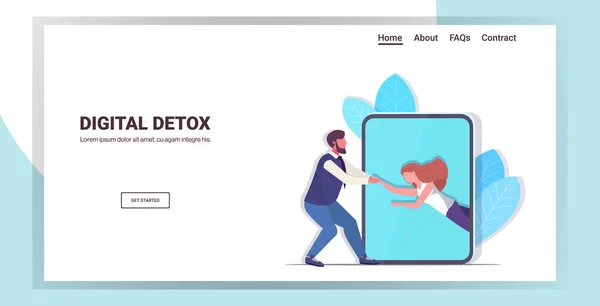 Mann zieht Frau vom Smartphone-Bildschirm digitales Detox-Gadget Suchtkonzept Menschen — Stockvektor