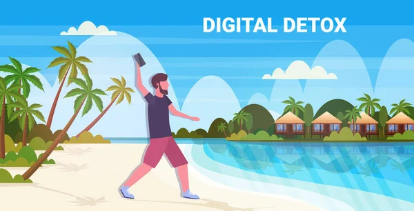 Man weggooien smartphone digitale detox concept guy ontspannen op tropische strand verlaten gadgets — Stockvector