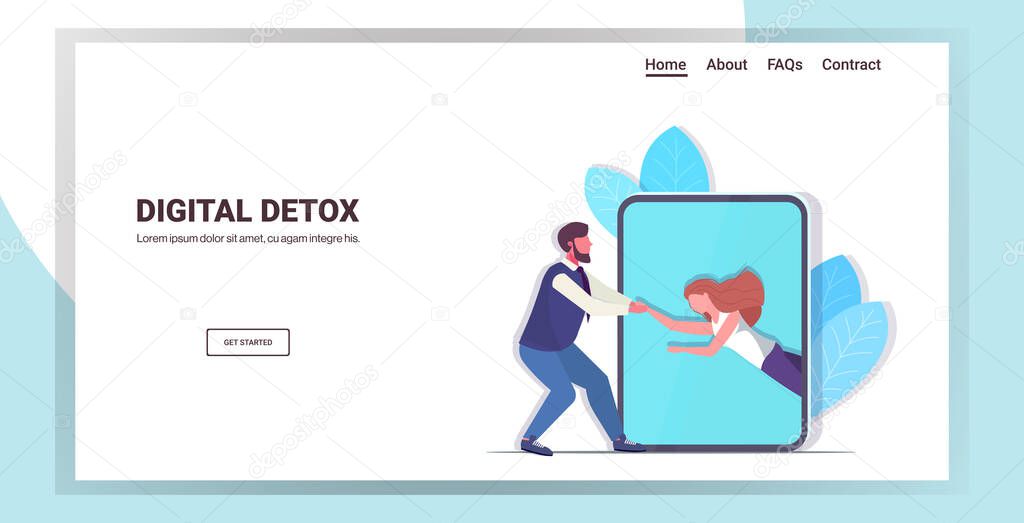 man pulling out woman from smartphone screen digital detox gadget addiction concept people