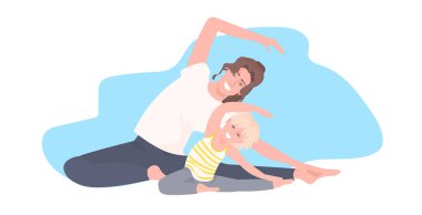 Anne ve kızı fiziksel egzersiz yapıyor kadın spor yapıyor ya da küçük kızla yoga yapıyor.