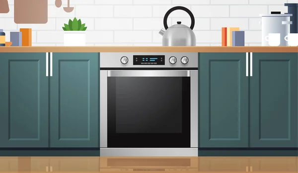 Moderne keuken interieur met nieuwe oven huishoudapparaat concept horizontaal — Stockvector