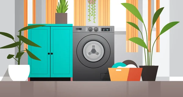 Interior de lavadero con lavadora lavadora eléctrica concepto electrodoméstico horizontal — Archivo Imágenes Vectoriales