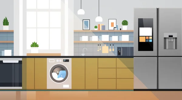 冷蔵庫のあるモダンなキッチンインテリア電子レンジと洗濯機家電コンセプト — ストックベクタ