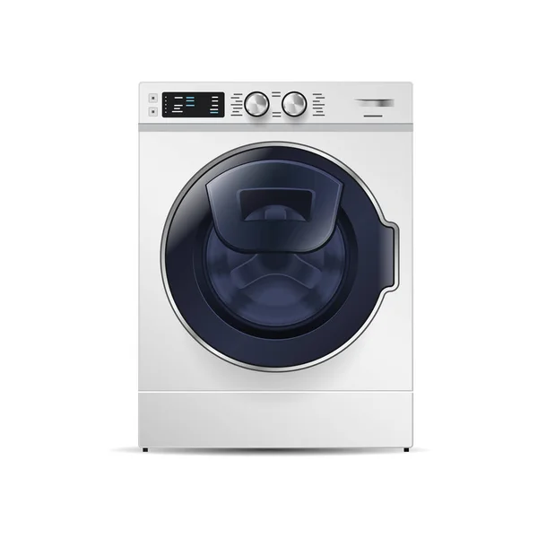 Çamaşır makinesi beyaz arka planda izole edildi. Çelik yıkama makinesinin ev aletlerinin ön görüntüsü. — Stok Vektör