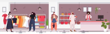 customers in protective masks keeping distance to prevent coronavirus social distancing shopping concept