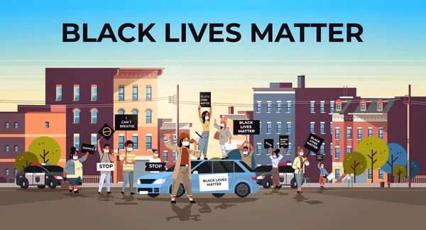 抗议者拥堵黑人生活问题横幅反对警方种族歧视运动 — 图库矢量图片