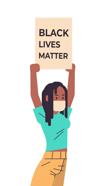 Afrikanska amerikanska kvinna i mask håller svarta liv materia banner kampanj mot rasdiskriminering — Stock vektor