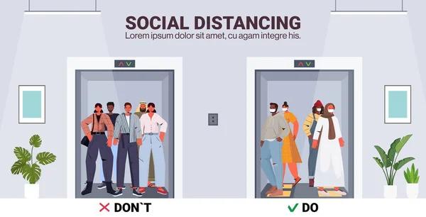 エレベーター内のコロナウイルス社会的距離を防止するための安全指示 — ストックベクタ