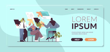 businesspeople team putting puzzle pieces arabic business partners working together on project problem solution