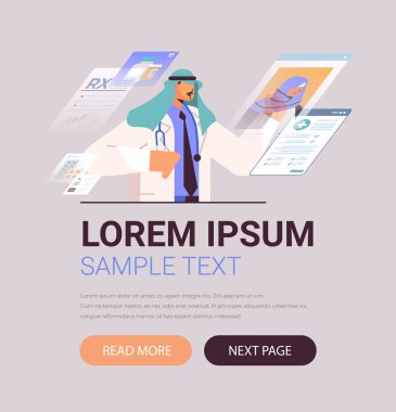 arab doctor in uniform working with virtual screens medical data medicine healthcare concept