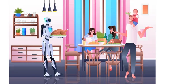 Robot housewife cooking and serving meals to family artificial intelligence technology concept — Vettoriale Stock