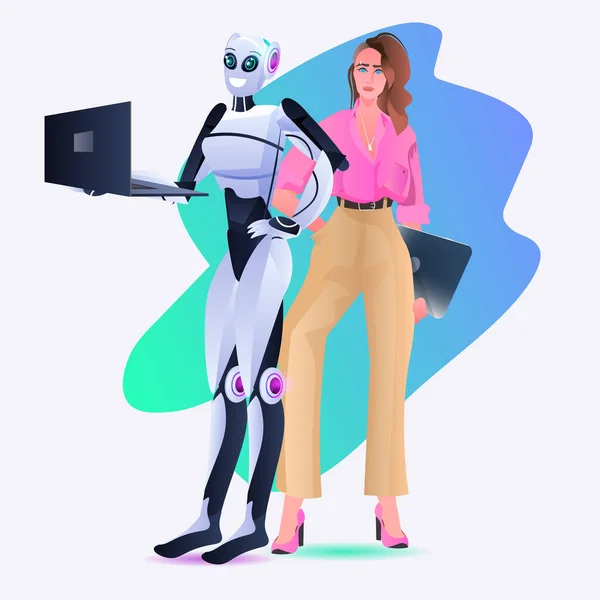 Businesswoman with female robot using laptops artificial intelligence technology concept — Archivo Imágenes Vectoriales