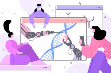 DNA yapı araştırmacılarıyla çalışan robot elleri kontrol eden bilim adamları laboratuvar DNA testi yapıyorlar.