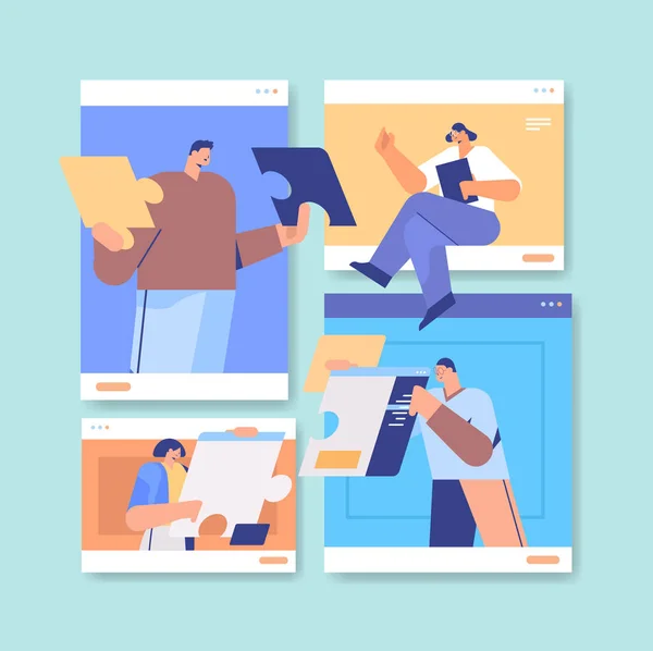 ビデオ通話中に議論するWebブラウザウィンドウのビジネスマン仮想会議を使用してビジネスの人々のチーム — ストックベクタ