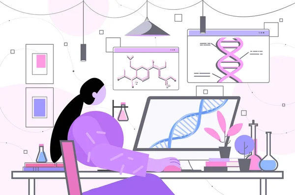 Scientist analyzing DNA structure on laptop researcher making experiment in lab DNA testing genetic engineering — Stock Vector