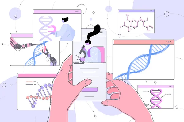Cientistas analisando a estrutura de DNA em pesquisadores de janela do navegador web fazendo experiência em testes de DNA de laboratório on-line —  Vetores de Stock