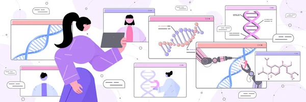 Науковець, який аналізує структуру ДНК у віконному досліднику веб-браузера проводить експеримент в онлайн лабораторії тестування ДНК генної інженерії — стоковий вектор