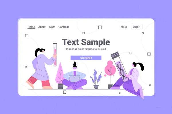 在实验室DNA测试基因工程中进行实验的笔记本电脑研究人员的DNA结构分析 — 图库矢量图片