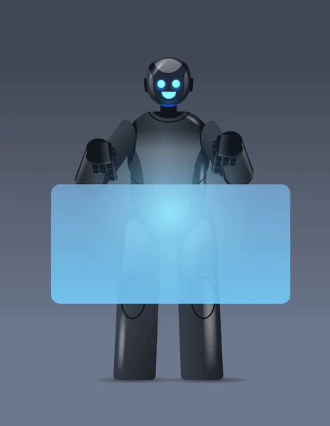 Robô preto cyborg apontando para placa virtual conceito de tecnologia de inteligência artificial de caráter robótico moderno —  Vetores de Stock
