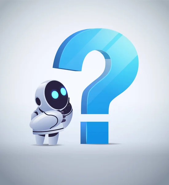 Robô frustrado cyborg pé perto de ponto de interrogação ajuda serviço FAQ problema inteligência artificial — Vetor de Stock