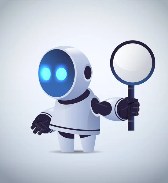 Lindo robot sosteniendo lupa búsqueda de datos concepto de inteligencia artificial — Vector de stock