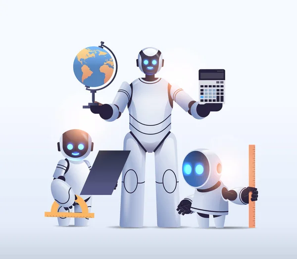 Robot profesor con los estudiantes robóticos de pie juntos concepto de tecnología de inteligencia artificial — Vector de stock