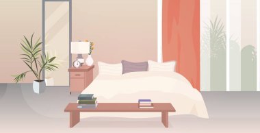 Modern yatak odası içi boş. Mobilyaları yatay olan insan evi yok.