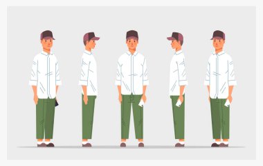 Akıllı telefon ön görünümü olan sıradan bir adam ayarla erkek karakter animasyon için farklı görünümler tam uzunlukta yatay