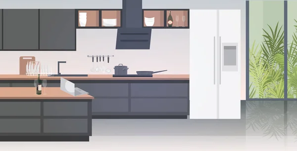 Modernt kök interiör tom inga personer hus rum med möbler horisontellt — Stock vektor