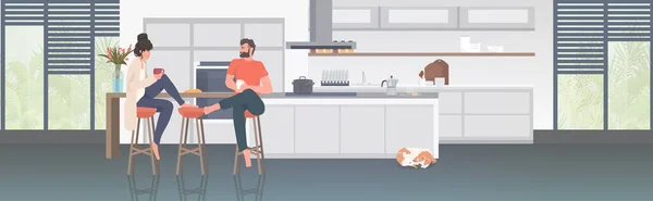 Ζευγάρι πίνοντας καφέ άντρας γυναίκα που περνούν χρόνο μαζί μείνετε σπίτι coronavirus πανδημία καραντίνα — Διανυσματικό Αρχείο
