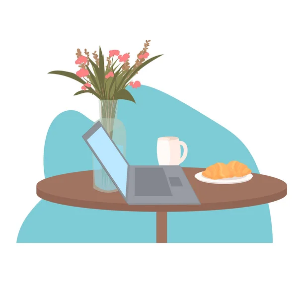 Laptop çiçekleri kahve fincanı ve kruvasan ev yapımı izolasyon konseptinden. — Stok Vektör