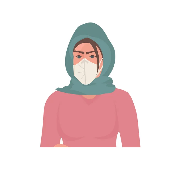 Koronavirüs salgınını önlemek için tıbbi maske takan Arap kadın Covid-19 karantina konsepti — Stok Vektör