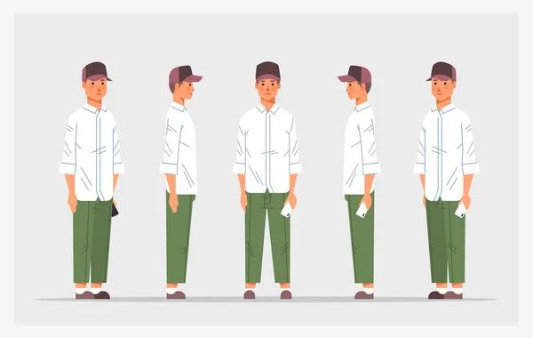 Set casual guy with smartphone front side view male character different views for animation full length horizontal — Vector de stock