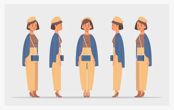 Nastavit ležérní žena přední strana pohled ženské postavy různé pohledy pro animaci plné délky — Stockový vektor