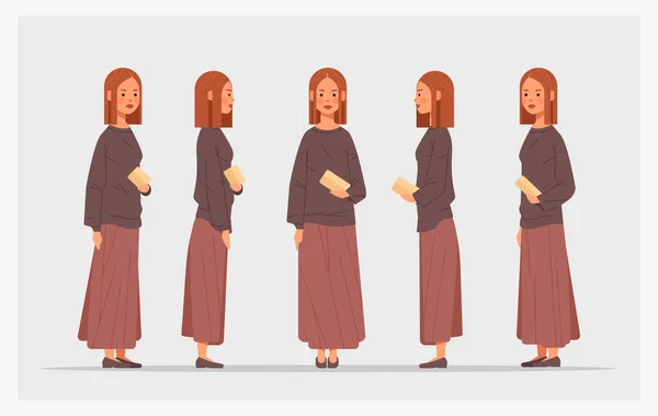 Nastavit ležérní žena přední strana pohled ženské postavy různé pohledy pro animaci plné délky — Stockový vektor