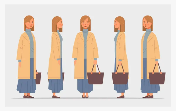 Set üzletasszony táskával elölnézet női karakter különböző nézetek animáció teljes hossz vízszintes — Stock Vector