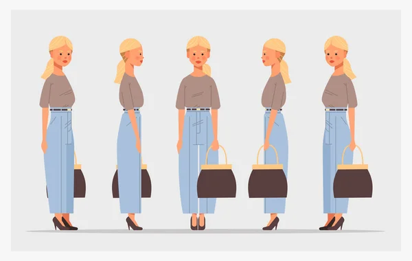 Iş kadınını çantasıyla ön planda tut kadın karakterin animasyon için farklı görüşleri var — Stok Vektör