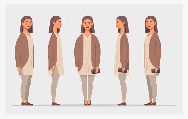 Nastavit ležérní dívka teenager přední strana pohled žena kreslený znak různé zobrazení pro animace — Stockový vektor