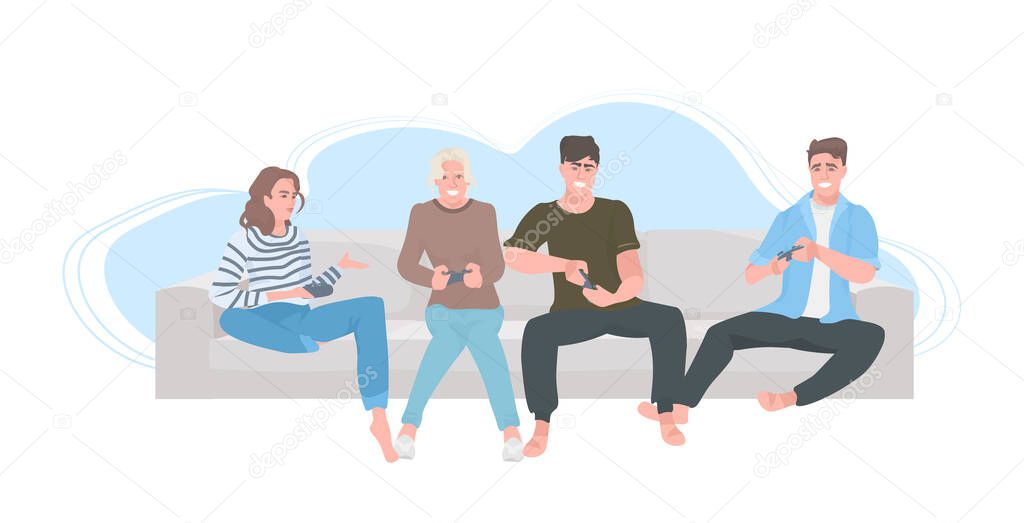 people sitting on sofa using joysticks friends having fun playing video games together