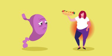 Şişman kadın, sağlıksız beslenme, aşırı kilolu, karın ağrısı olan, kırmızı renkli, yatay boyda, karın ağrısı çeken bir kız yiyor.