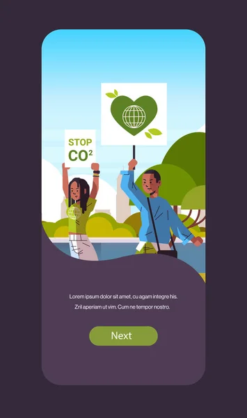 Environmental activists holding poster go green save planet strike concept protesters campaigning to protect earth demonstrating against global warming portrait mobile app vertical copy space — Stock Vector