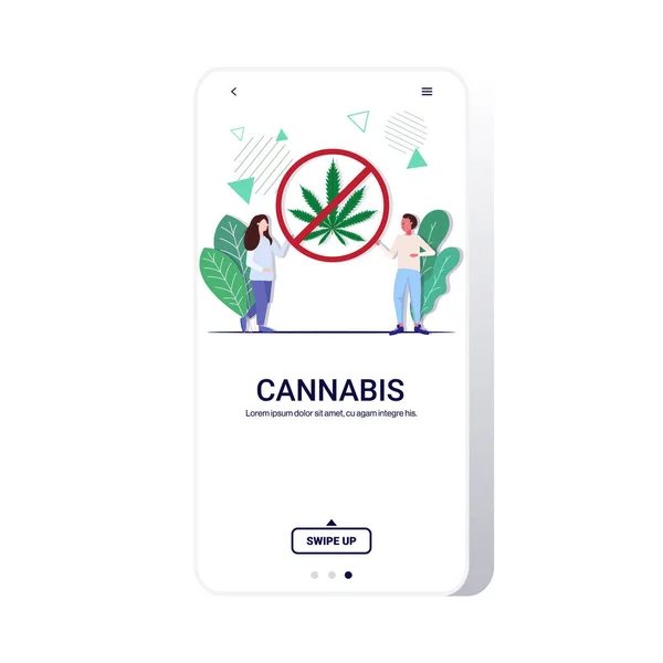 Man kvinna par innehav förbud drogtecken cannabis förbud ikon stoppa droger konsumtion koncept smartphone skärm mobil app full längd kopia utrymme — Stock vektor