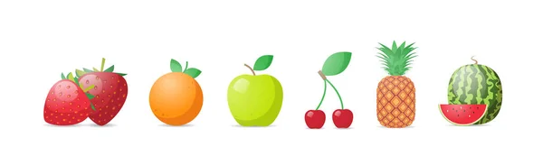 Set friss lédús eper narancs alma cseresznye ananász görögdinnye ikonok gyűjtemény ízletes érett gyümölcs elszigetelt fehér háttér egészséges élelmiszer koncepció vízszintes — Stock Vector