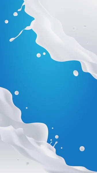 Weiße Flüssigkeit spritzt realistische Tropfen und Spritzer auf blauem Hintergrund Fruchtsaft spritzt Konzept vertikal — Stockvektor